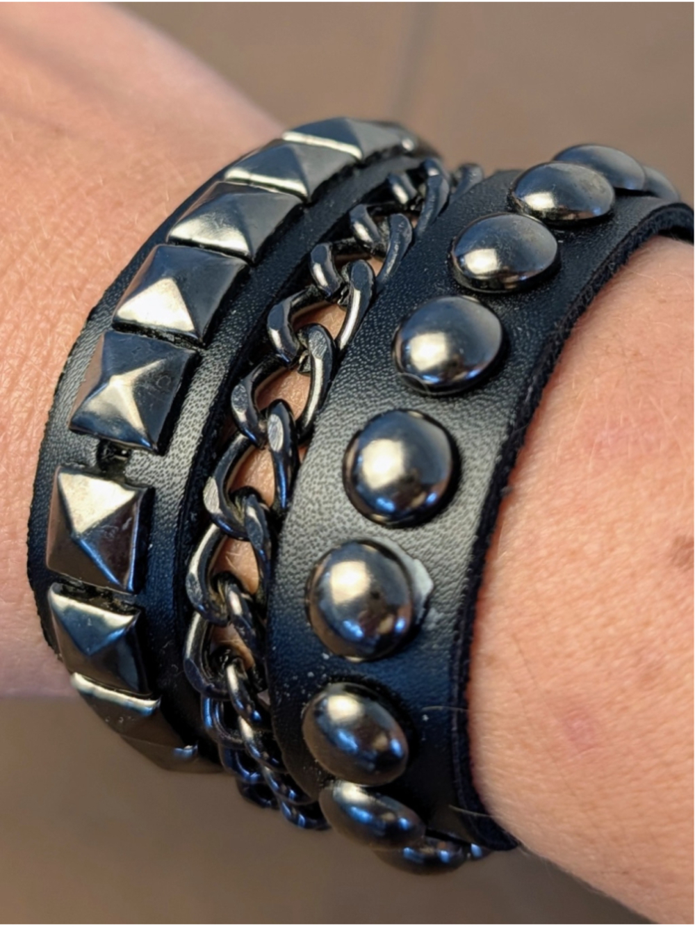 Black Studded Chain Cuff Bracelet Punk Goth Biker Faux Leather Adjustable Snap